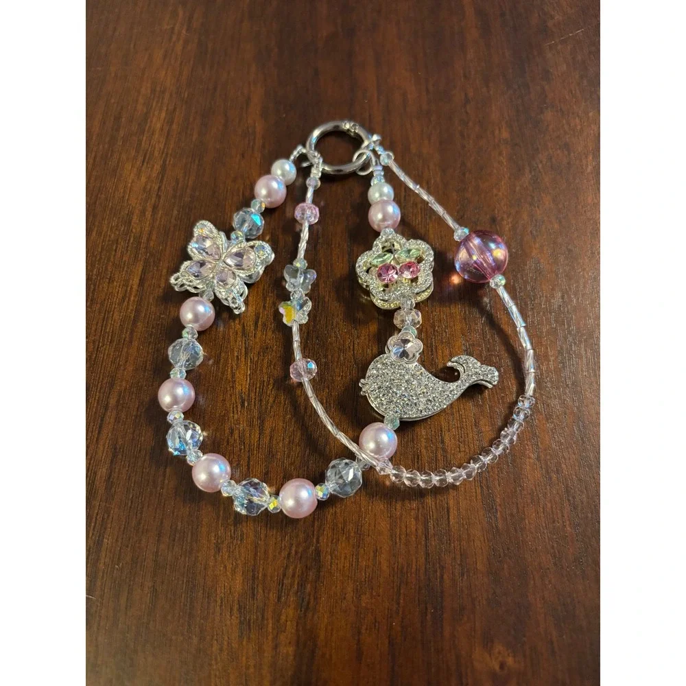 Pink Beaded Bag Charm Keychain Butterfly Whale Rhinestone Coquette Y2K Accessory